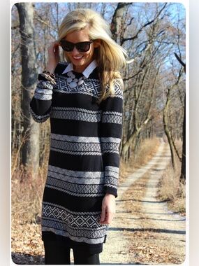 Cynthia Rowley Black & White Fair Isle Geometric Knit Sweater Dress - Size M